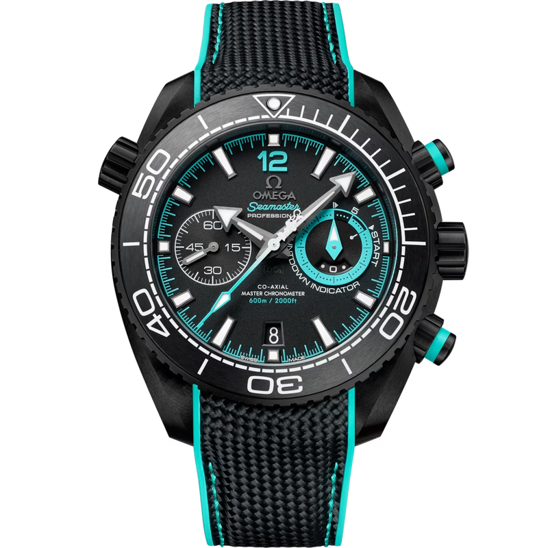 Planet Ocean Chrono 600M 45.5MM ETNZ Edition in Ceramic with Black and Teal Dial on Rubber Strap