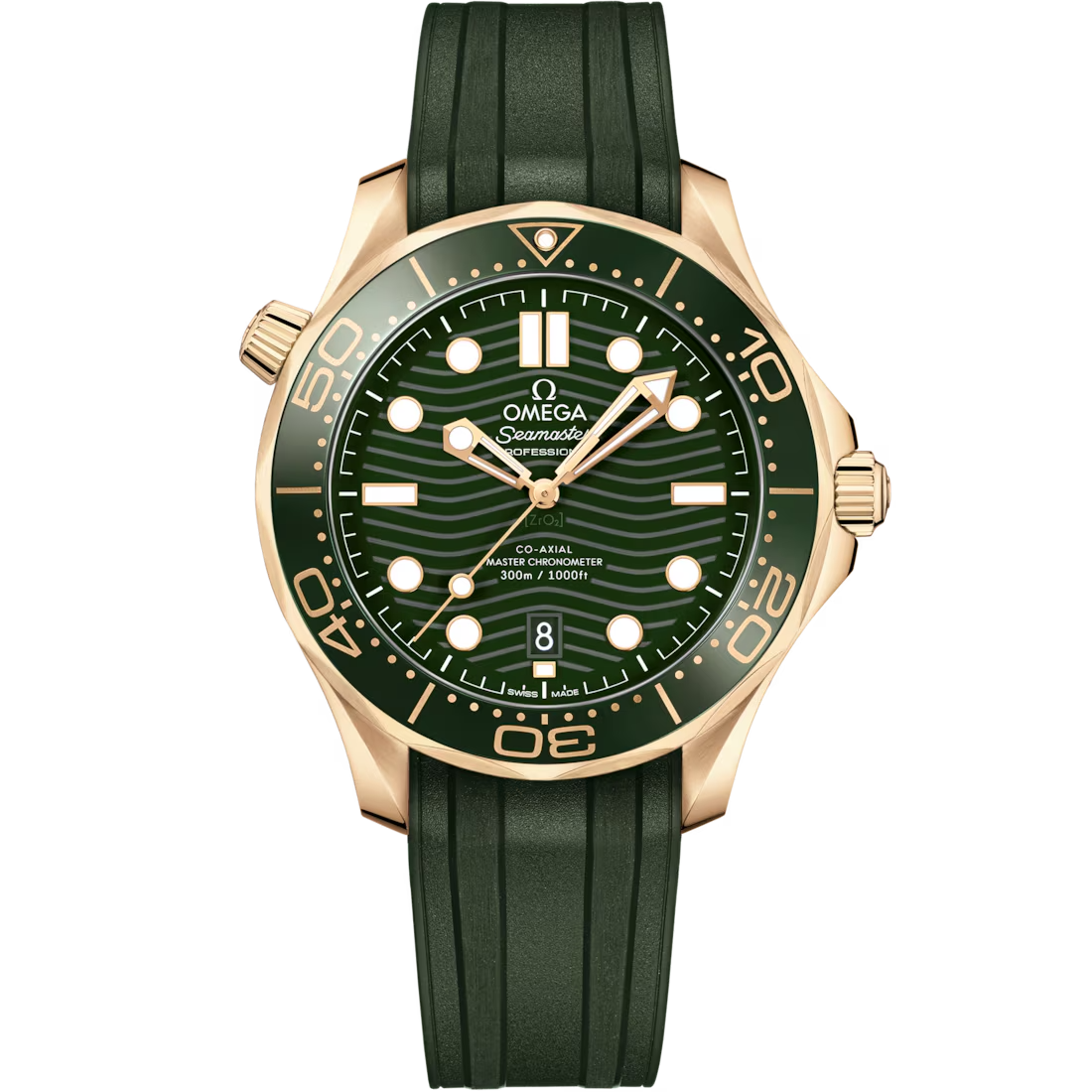 Diver 300M 42mm with Green Dial in Yellow Gold on Rubber Strap