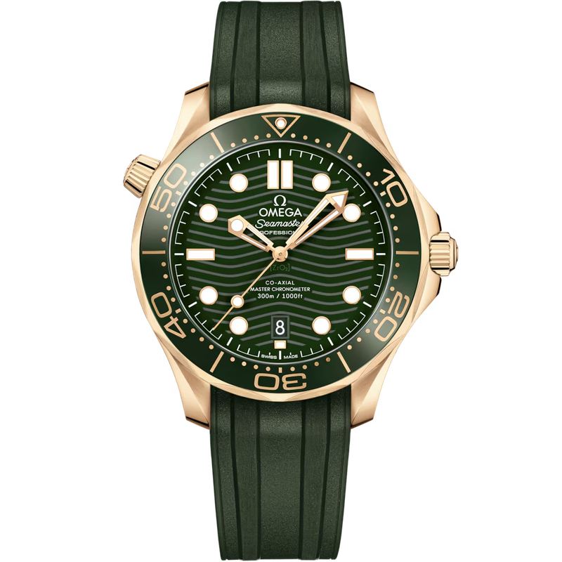 Diver 300M 42mm with Green Dial in Yellow Gold on Rubber Strap