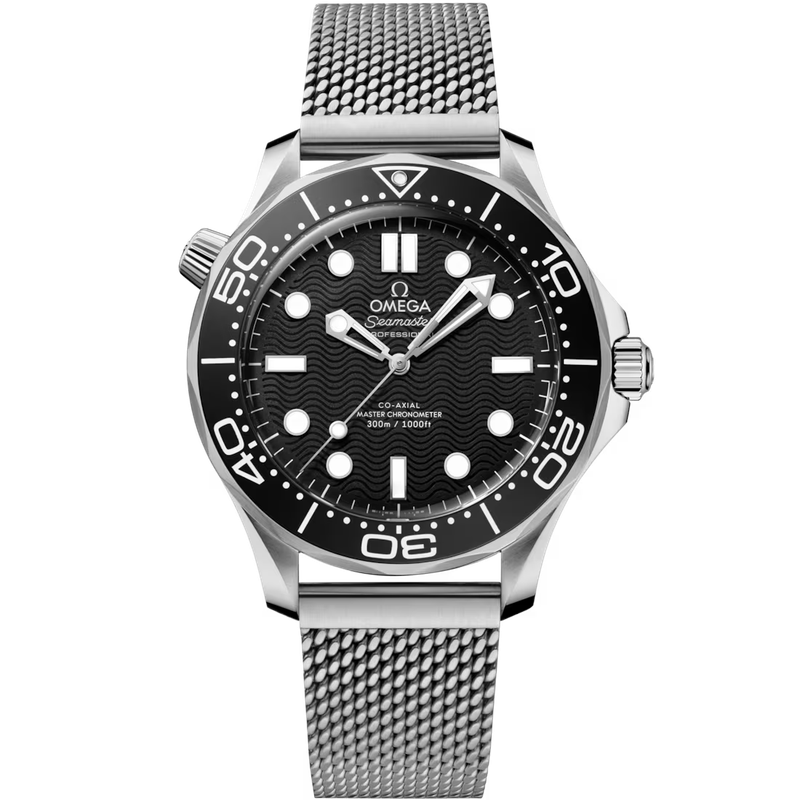 Diver 300M 42mm with Black Wave Dial in Stainless Steel on Mesh Bracelet