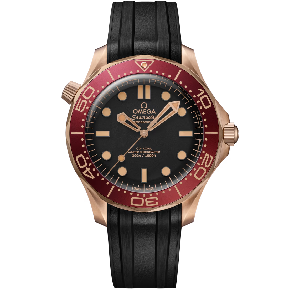 Diver 300M with Black Dial and Maroon Bezel in Bronze Gold on Rubber Strap