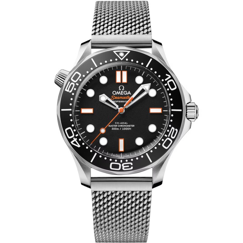 Seamaster Diver 300M 42MM with Black Dial and Orange Accents in Stainless Steel.