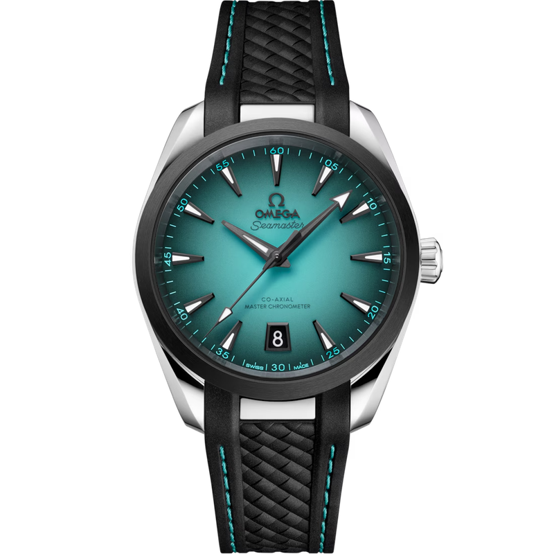 Aqua Terra 38mm in Stainless Steel with Smoked Turquoise Dial on Rubber Strap