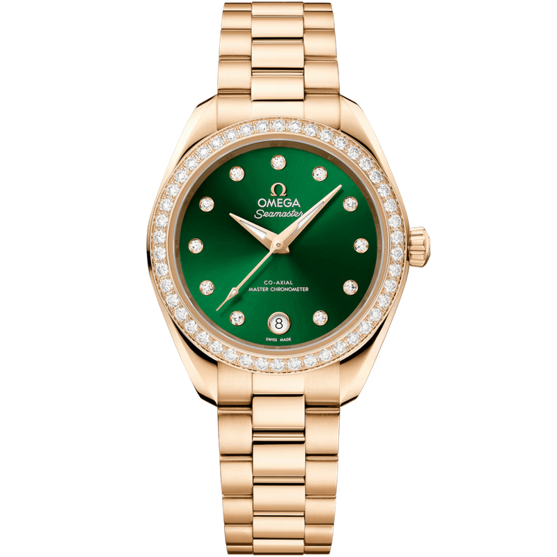 Aqua Terra 30mm with Green Diamond Dial with Diamond Bezel in Yellow Gold