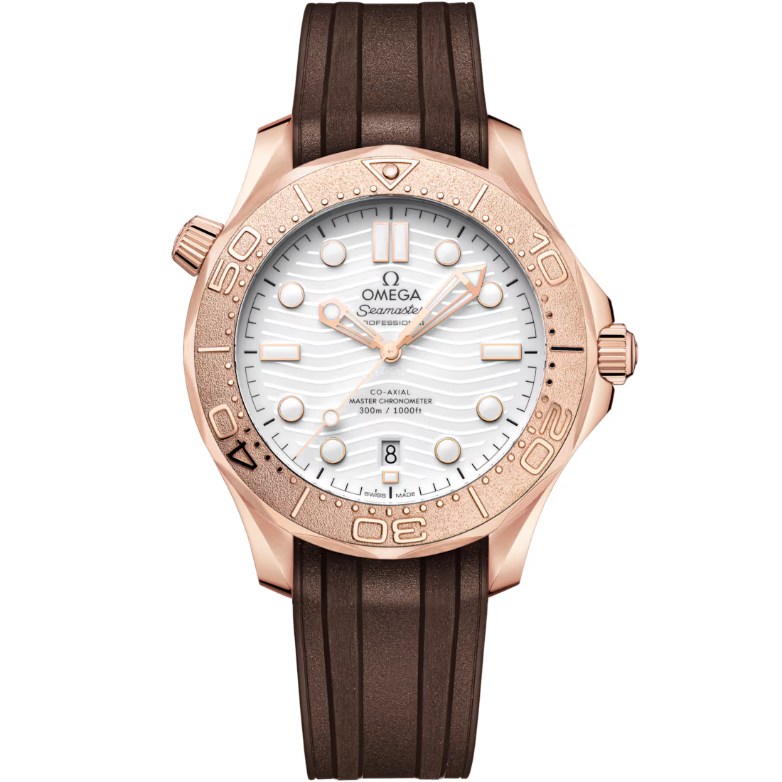 Diver 300M 42mm with White Dial in Rose Gold on Brown Rubber Strap