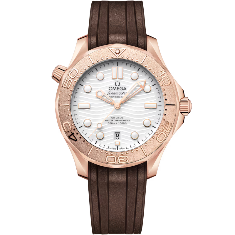 Diver 300M 42mm with White Dial in Rose Gold on Brown Rubber Strap