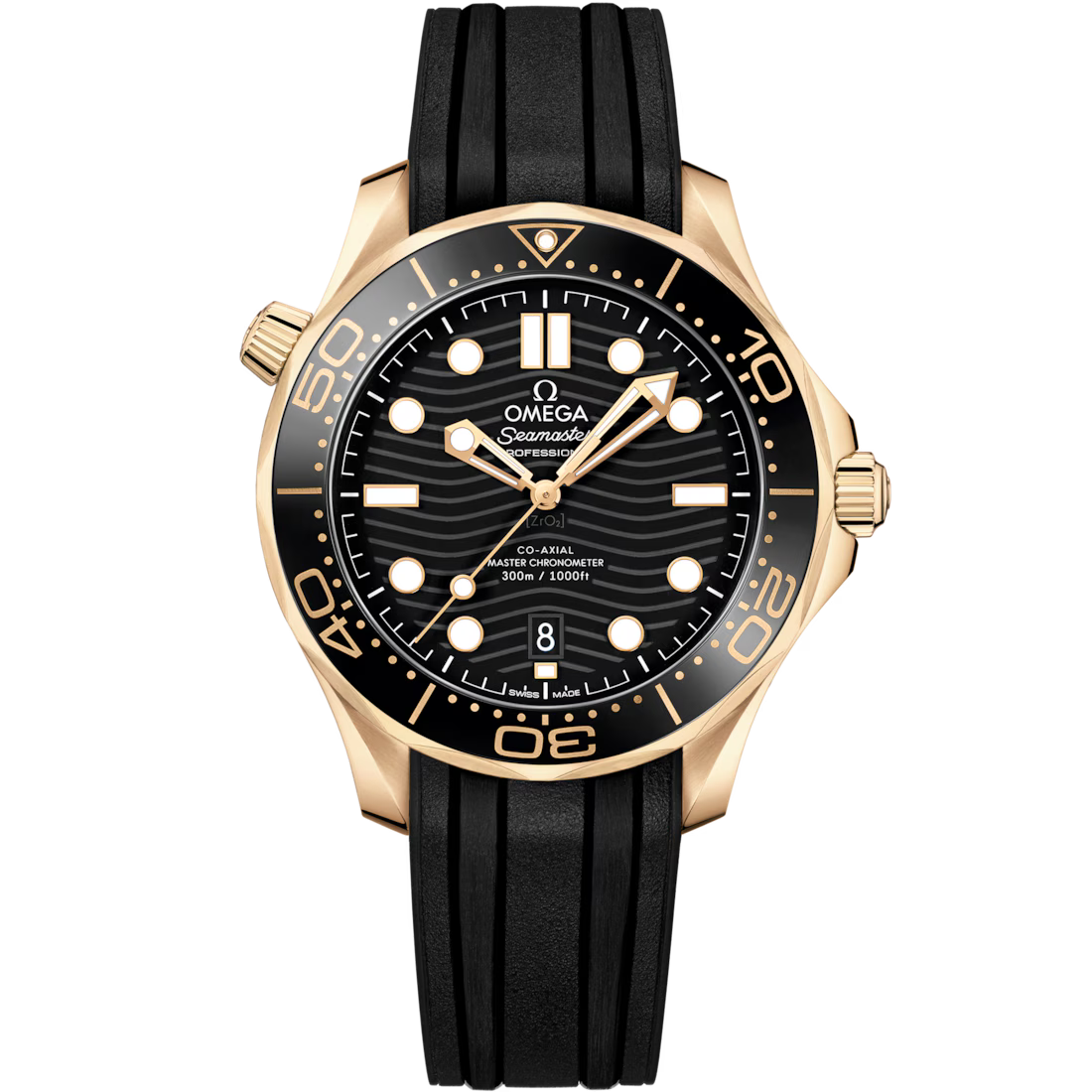Diver 300M 42mm with Black Dial in Yellow Gold on a Black Rubber Strap