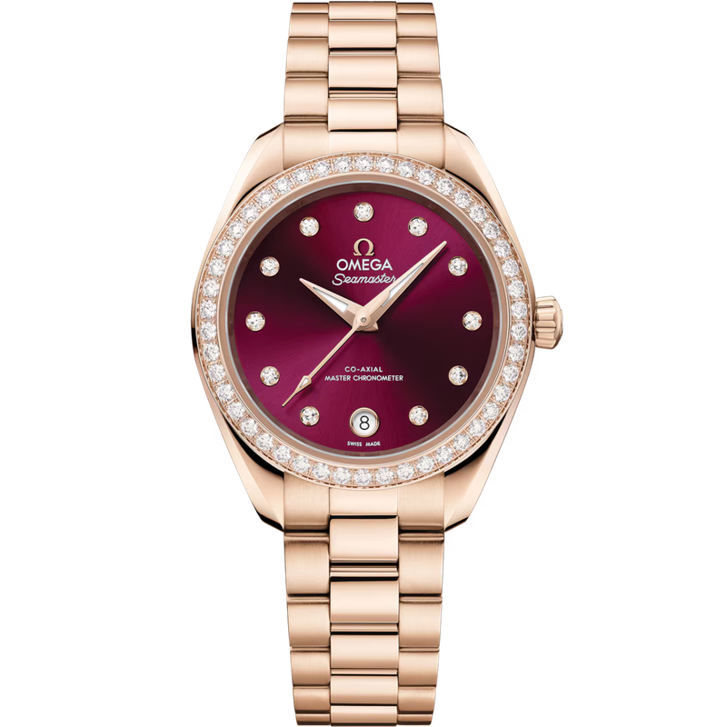 Aqua Terra 30mm with Burgundy Diamond Dial with Diamond Bezel in Rose Gold