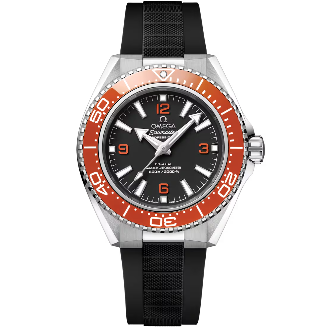 Planet Ocean 42mm with Black Dial and Orange Bezel in Stainless Steel on Black Rubber Strap