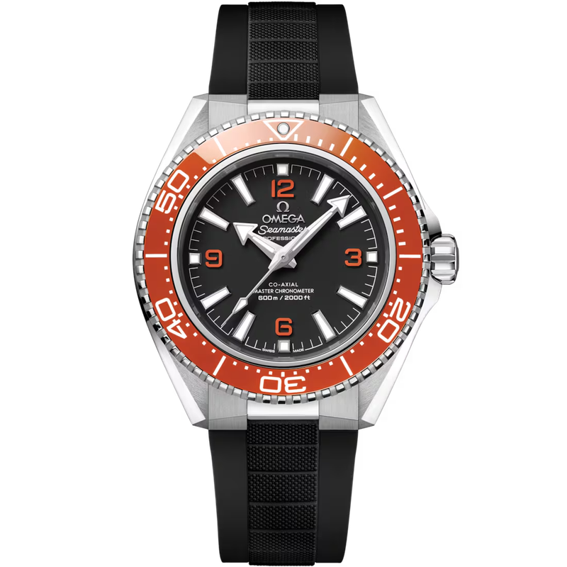 Planet Ocean 42mm with Black Dial and Orange Bezel in Stainless Steel on Black Rubber Strap