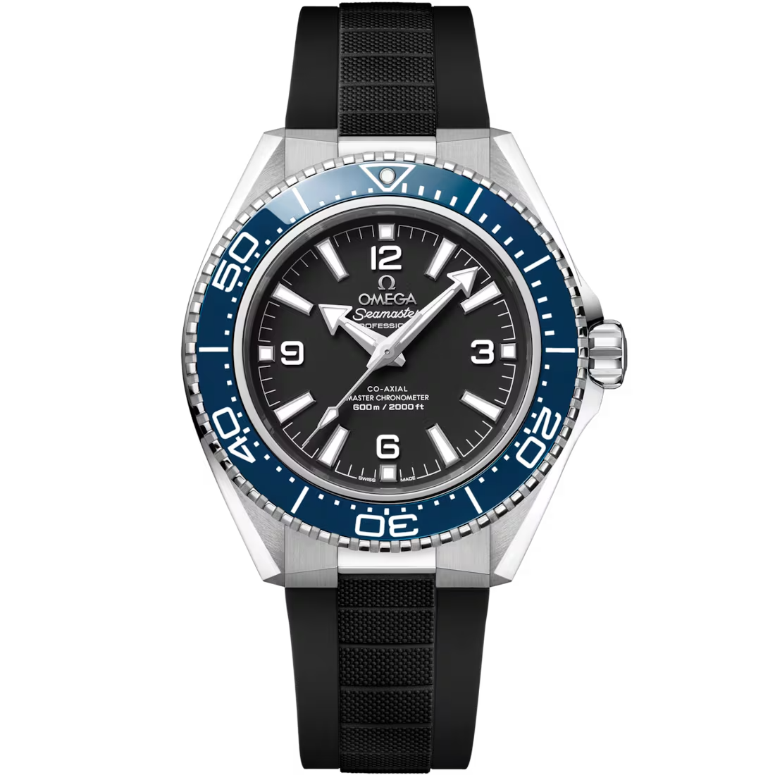 Planet Ocean 42mm with Black Dial and Blue Bezel in Stainless Steel on Black Rubber Strap