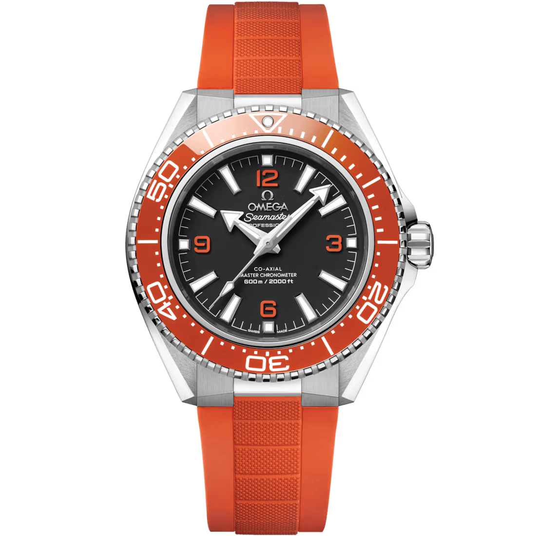 Planet Ocean 42mm with Black Dial and Orange Bezel in Stainless Steel on Orange Rubber Strap