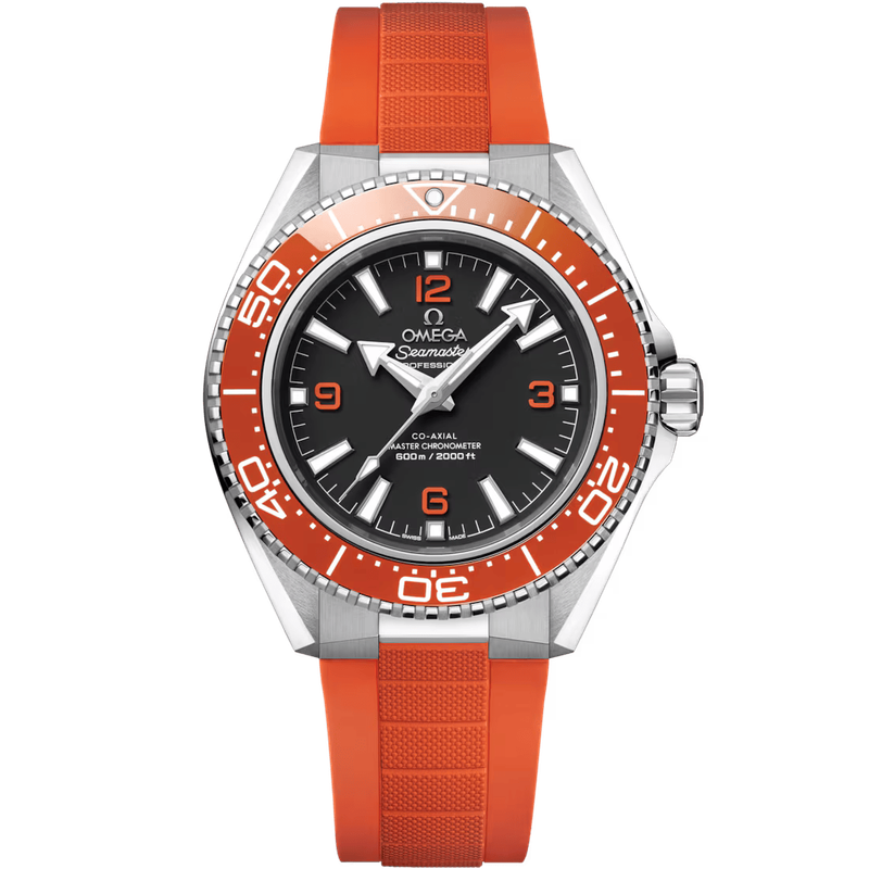 Planet Ocean 42mm with Black Dial and Orange Bezel in Stainless Steel on Orange Rubber Strap