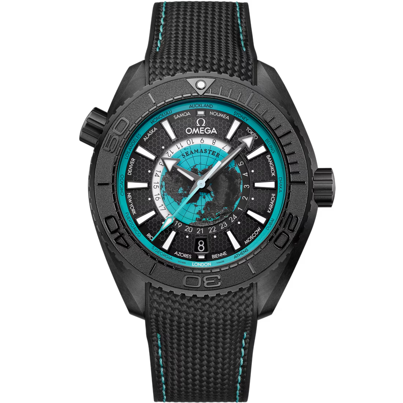 Planet Ocean Worldtimer 45.5mm in Black Ceramic with Black and Turquoise Dial on Textile Strap
