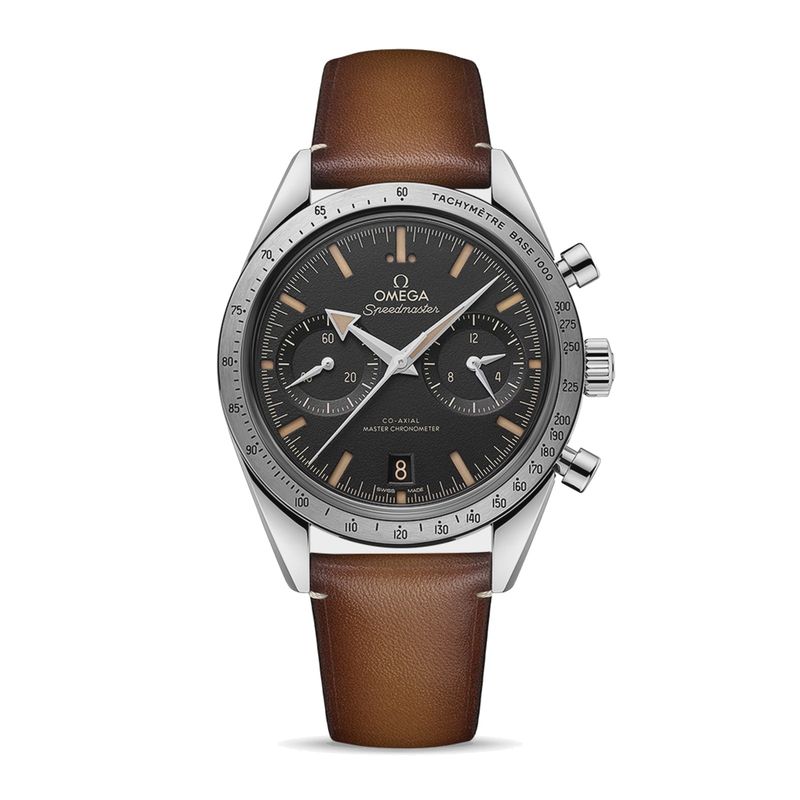 Speedmaster 57 41.5mm with Black Dial in a Stainless Steel on Brown Leather Strap