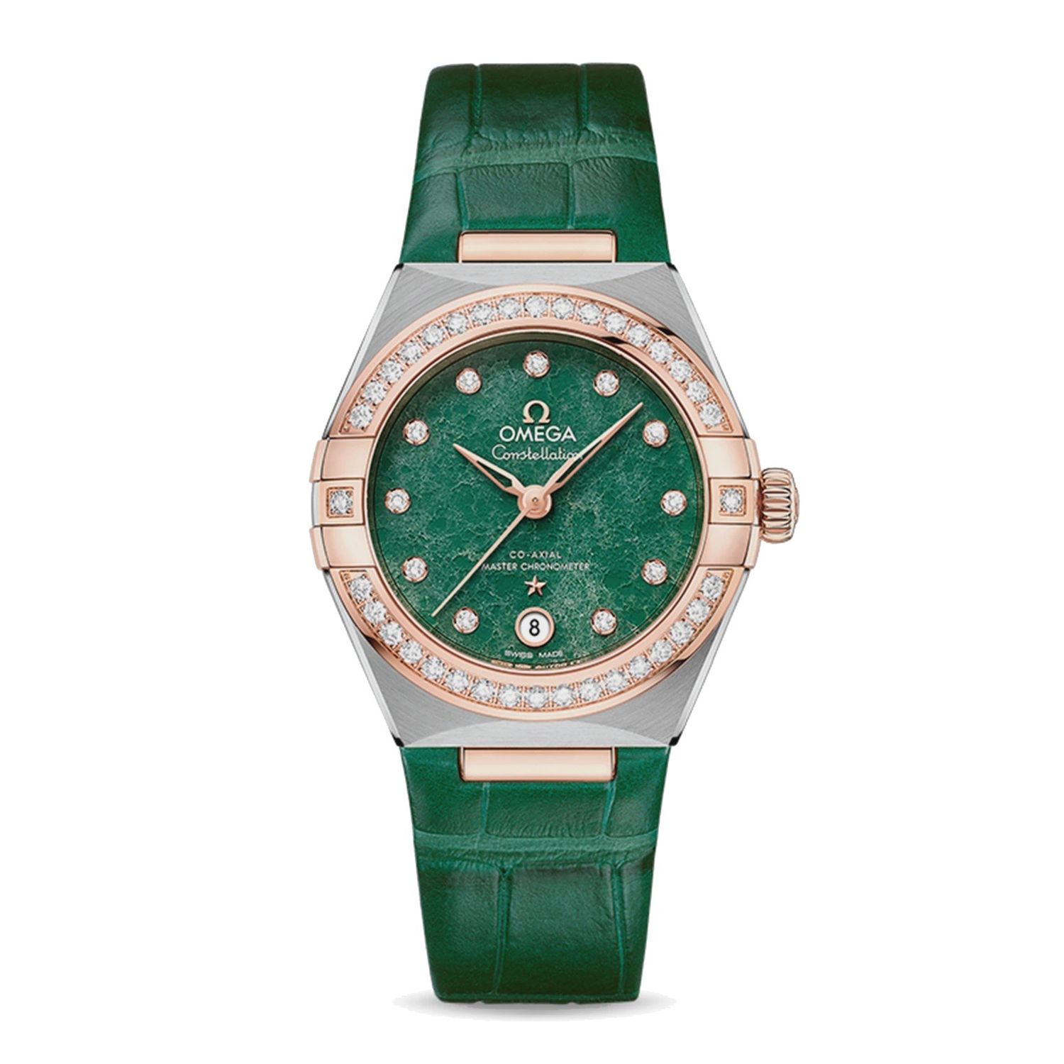 Constellation 29mm with Green Aventurine Diamond Dial and Diamond Bezel in a Stainless Steel and Rose Gold  on Green Alligator Strap