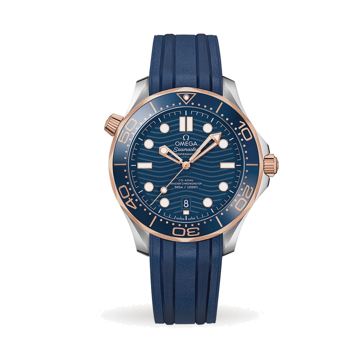 Seamaster Diver 300m 42mm with Blue Dial in Stainless Steel and Rose Gold on Black Rubber Strap