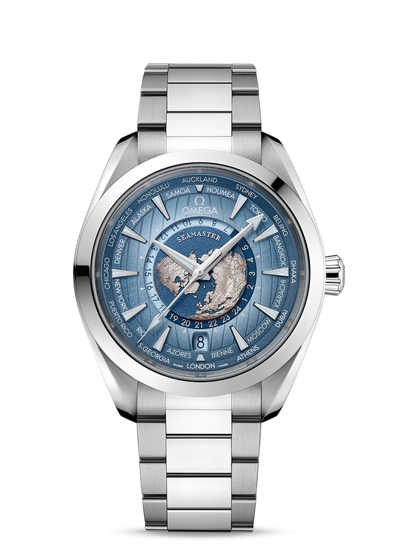 Aqua Terra Worldtimer 43mm with Summer Blue Globe Dial in Stainless Steel