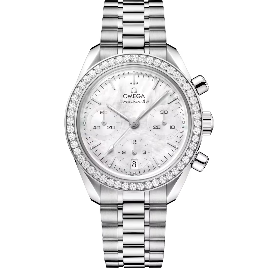 Speedmaster 38mm in Stainless Steel with Mother of Pearl Dial and Diamond Bezel