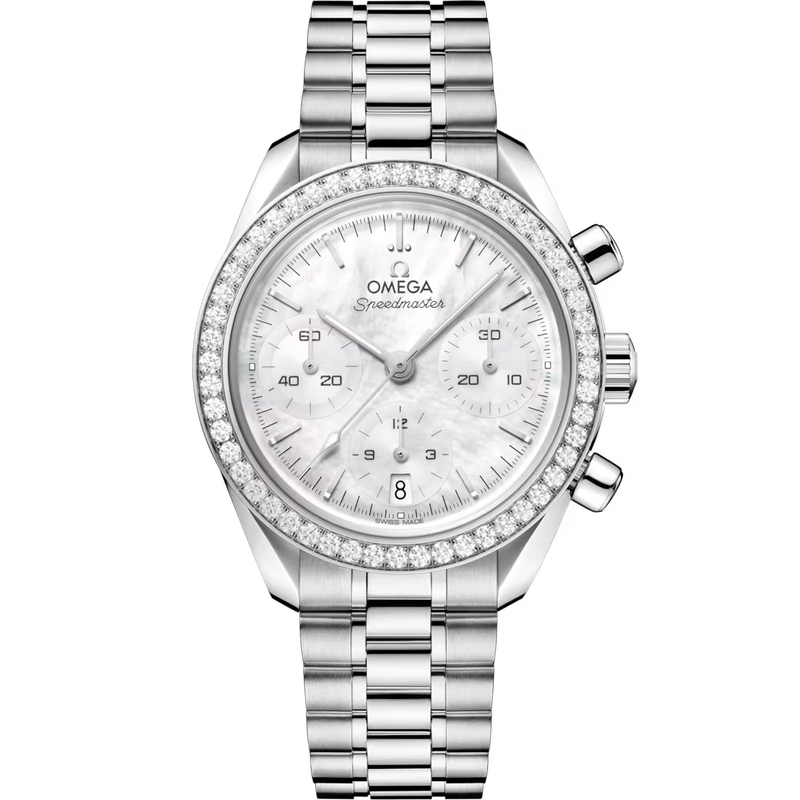 Speedmaster 38mm in Stainless Steel with Mother of Pearl Dial and Diamond Bezel