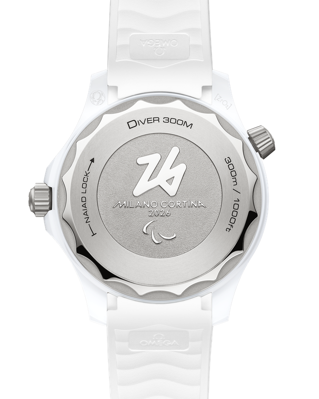 Diver 300M Milano Cortina Paralympic Edition 43.5mm with White Ceramic Dial in White Ceramic and Titanium on Rubber Strap