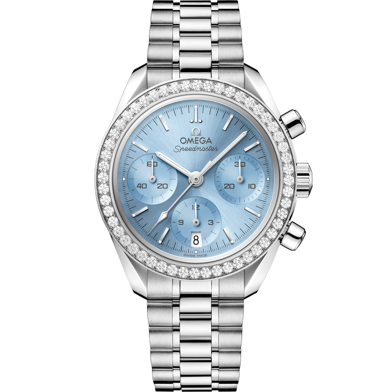 Speedmaster 38mm in Stainless Steel with Ice Blue Dial and Diamond Bezel