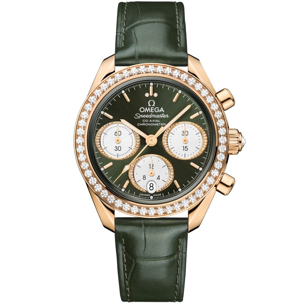 Speedmaster 38mm with Green Dial and Diamond Bezel in Yellow Gold on Green Alligator Strap