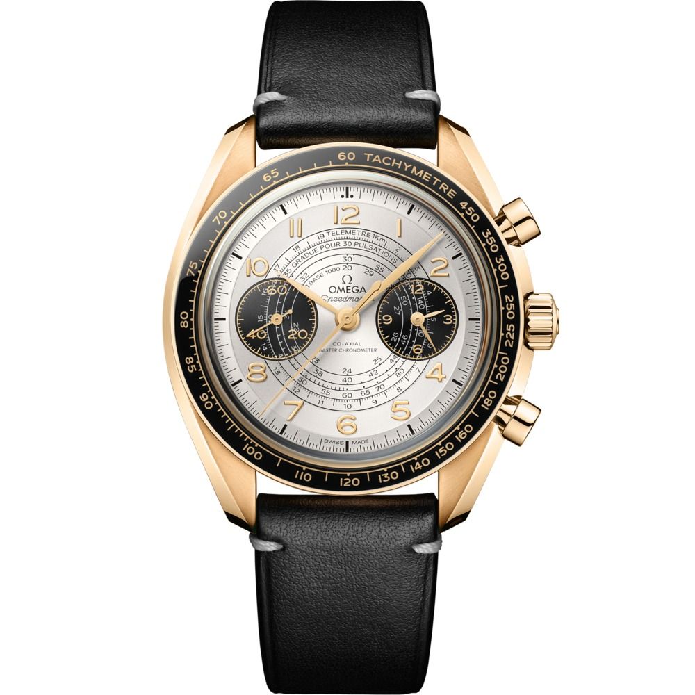 Speedmaster Chronoscope Paris 2024 43mm with Silver Dial in Yellow Gold on Black Leather Strap