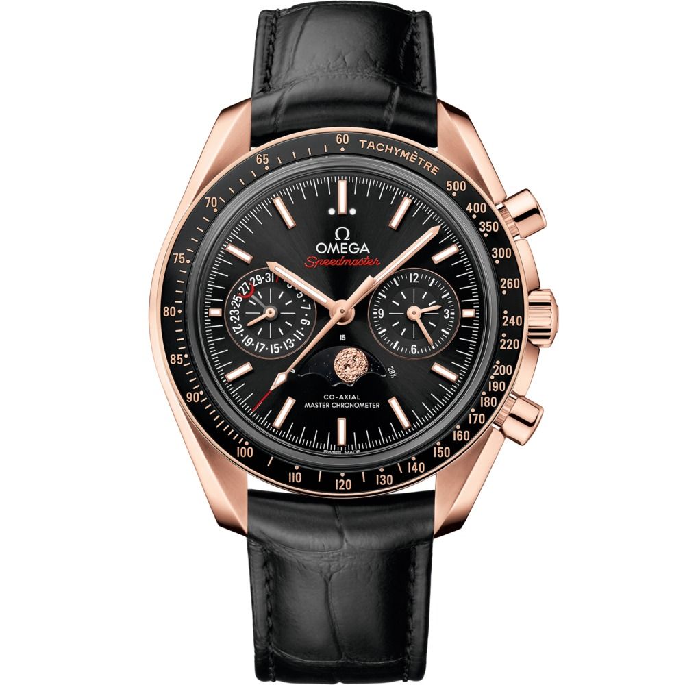 Speedmaster Moonphase 44.25mm with Black Dial in Rose Gold on Black Alligator Strap