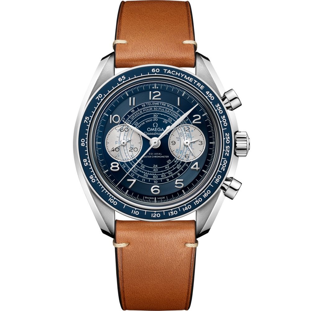 Speedmaster Chronoscope 43mm with Blue Dial in Stainless Steel on Brown Leather Strap