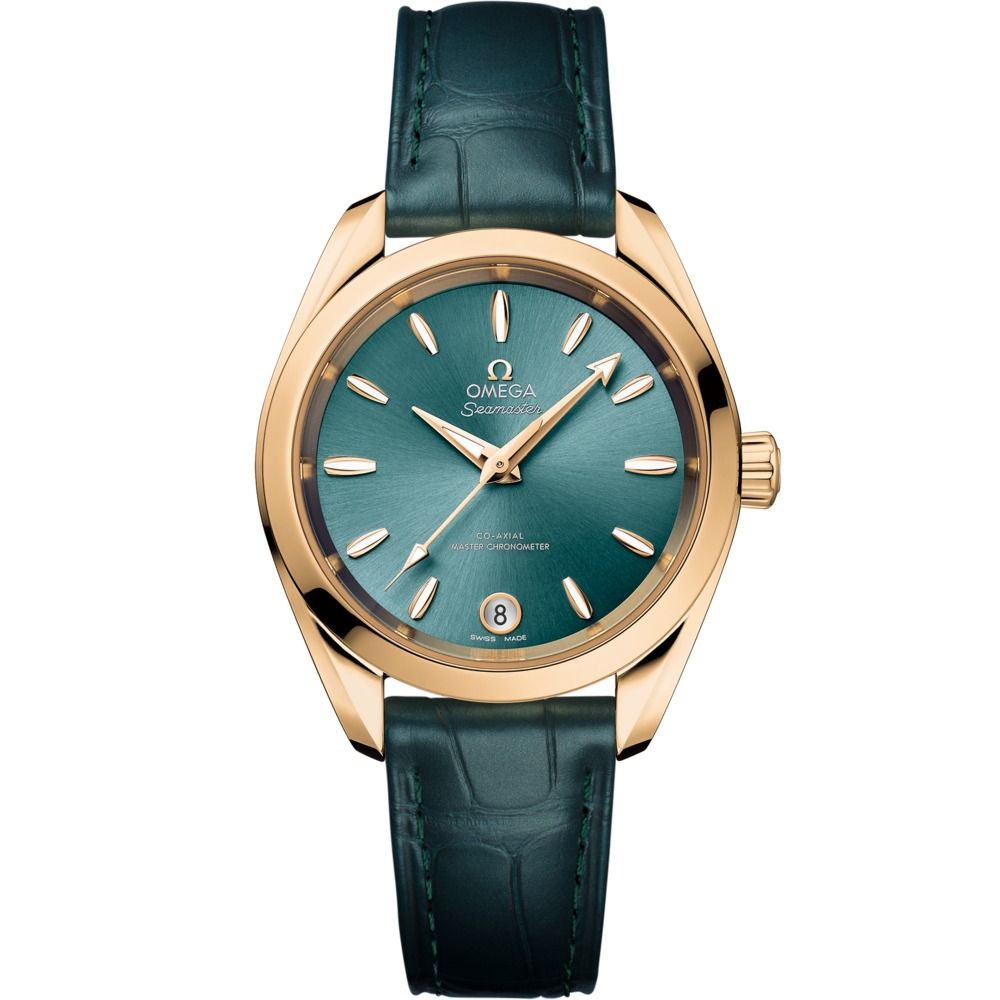 Aqua Terra 34mm with Lagoon Green Dial in Yellow Gold on Green Alligator Strap
