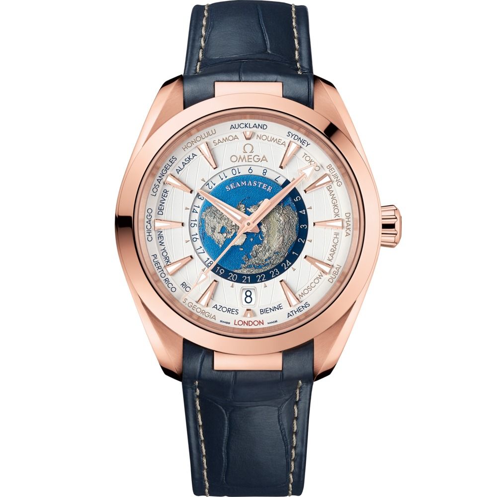 Aqua Terra 43mm with Silver Dial in Rose Gold on Blue Alligator Strap