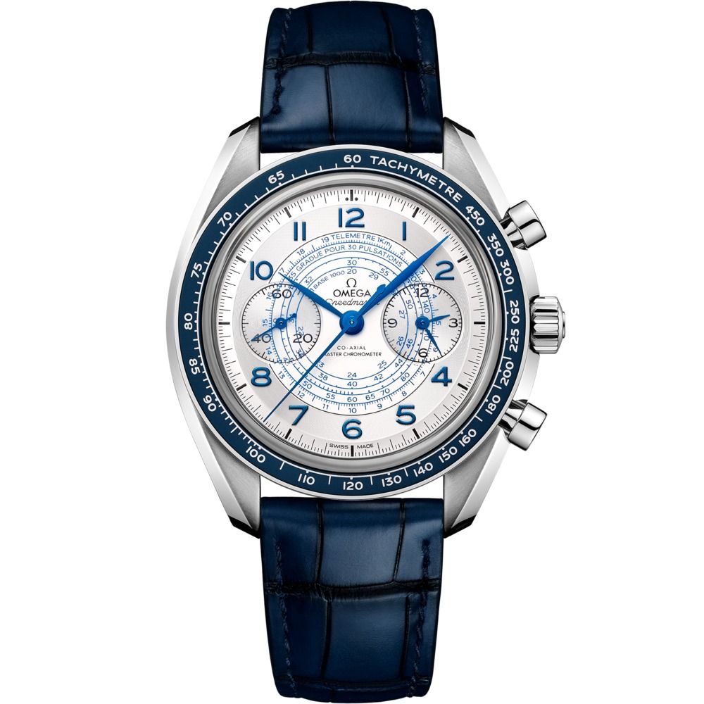 Speedmaster Chronoscope 43mm with Silver Dial in Stainless Steel on Blue Alligator Strap