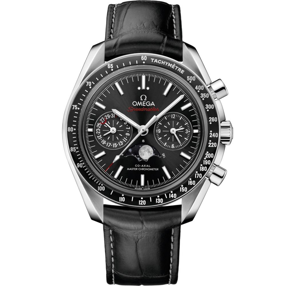 Speedmaster Moonphase 44.25mm with Black Dial in Stainless Steel on Black Alligator Strap