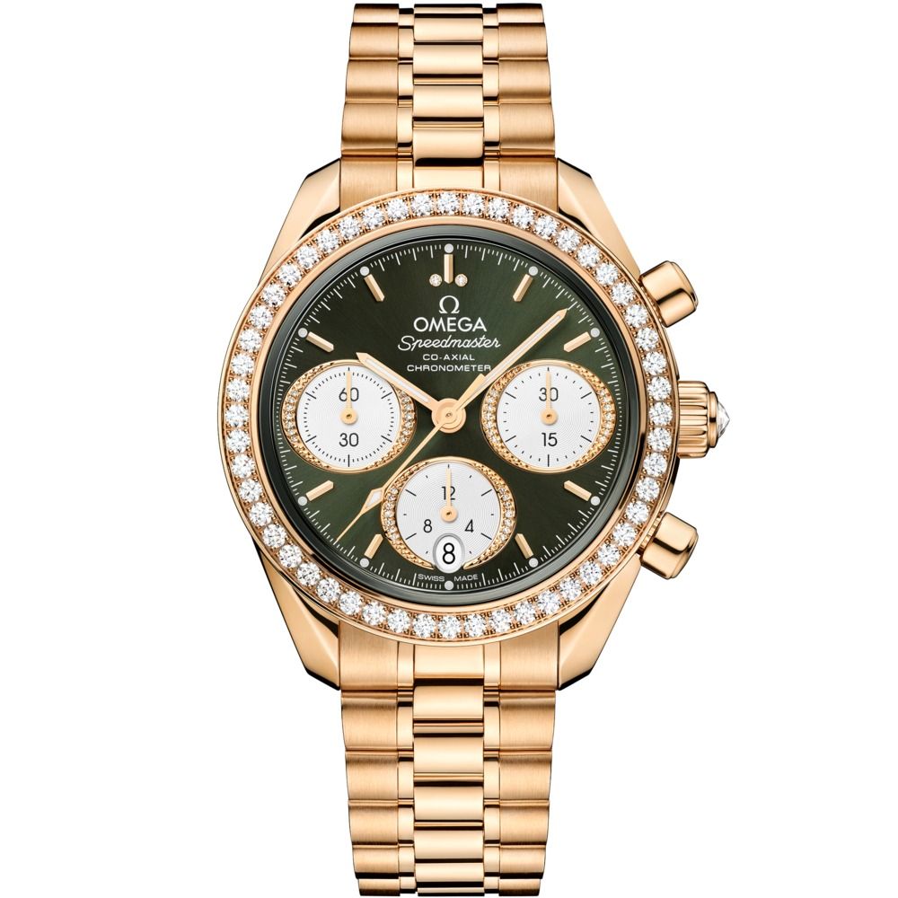 Speedmaster 38mm with Green Dial and Diamond Bezel in Yellow Gold