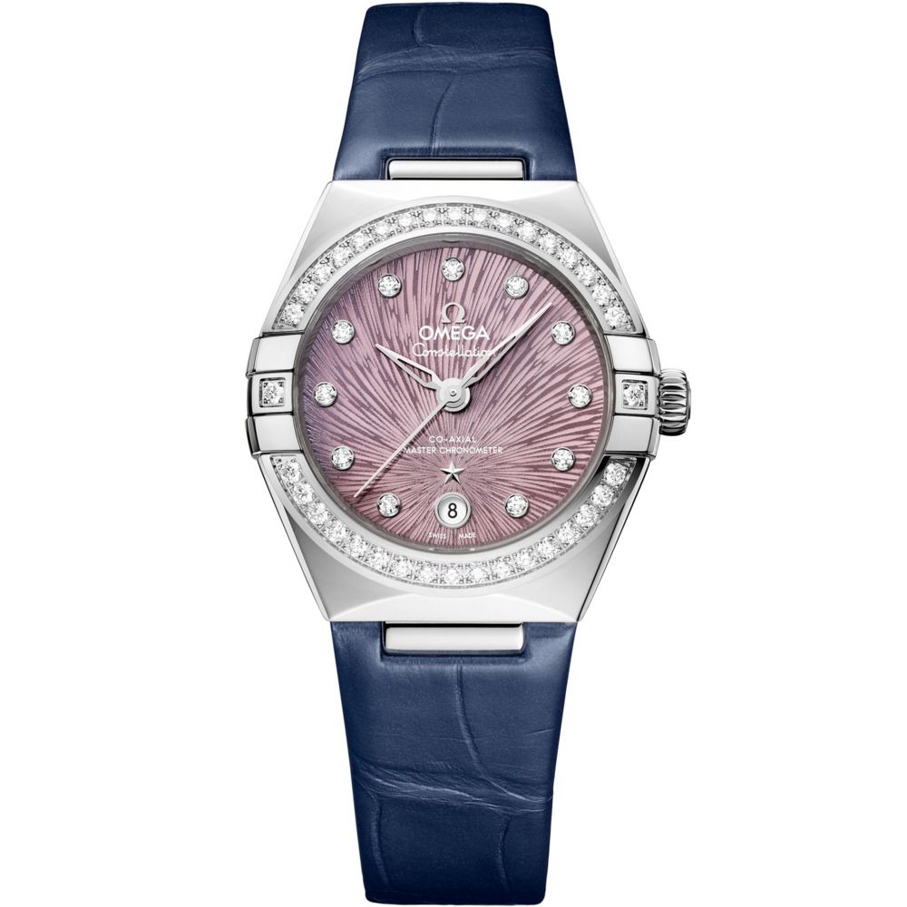 Constellation 29mm with Lilac Diamond Dial and Diamond Bezel in Stainless Steel on Blue Alligator Strap