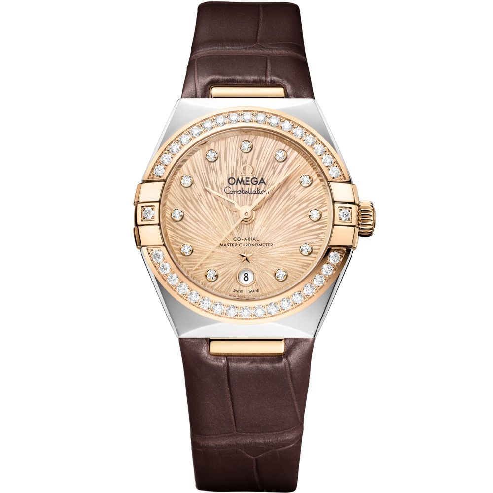 Constellation 29mm with Yellow Diamond Dial and Diamond Bezel in Stainless Steel and Yellow Gold on Brown Alligator Strap