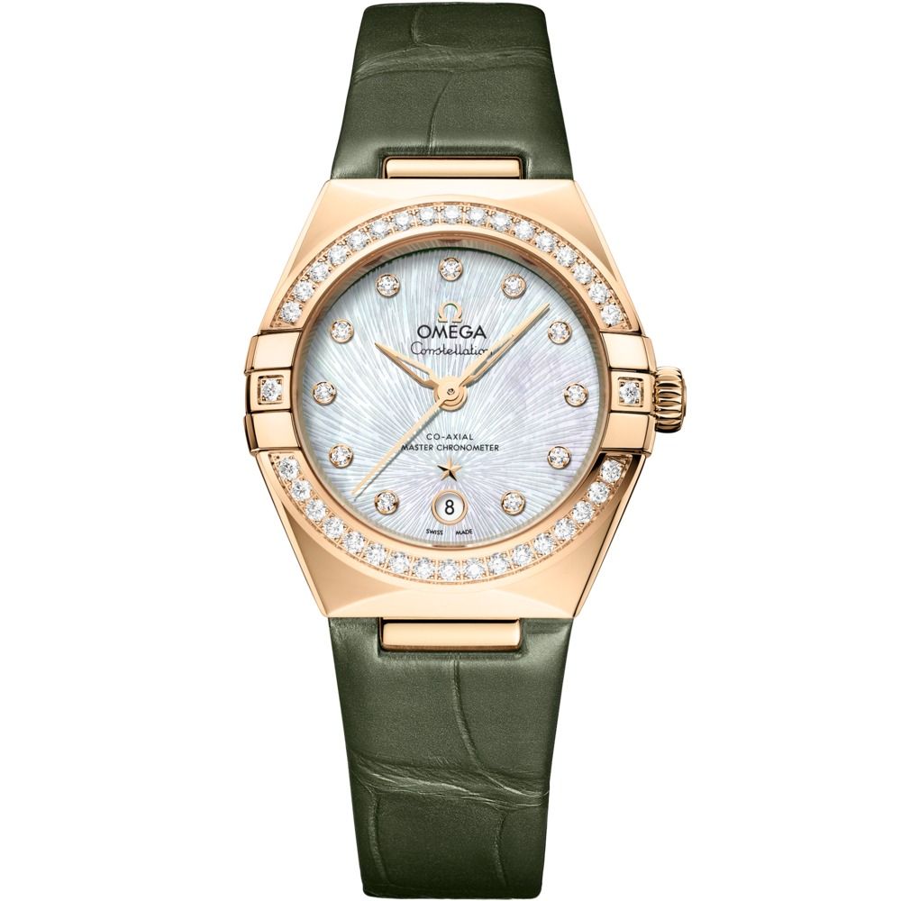 Constellation 29mm with White Diamond Dial and Diamond Bezel in Yellow Gold on Green Alligator Strap