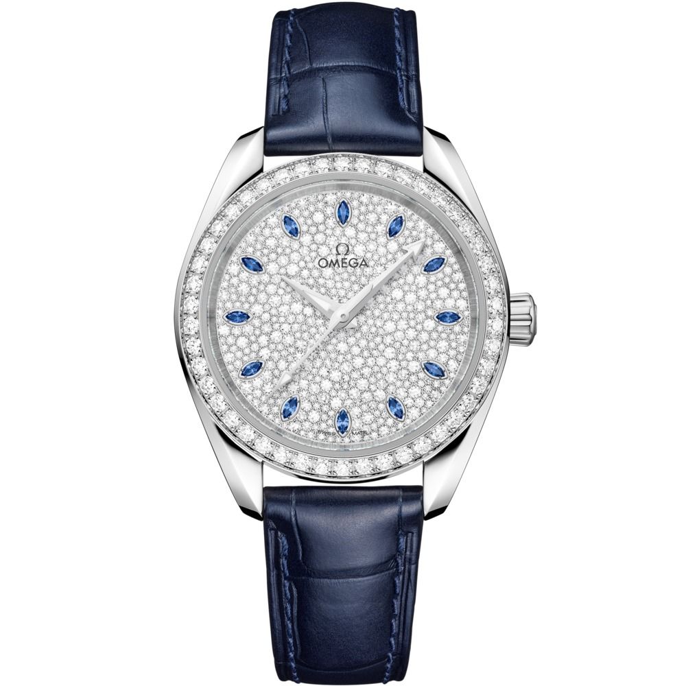 Aqua Terra 34mm with Silver Dial and Diamond Bezel in White Gold on Blue Alligator Strap