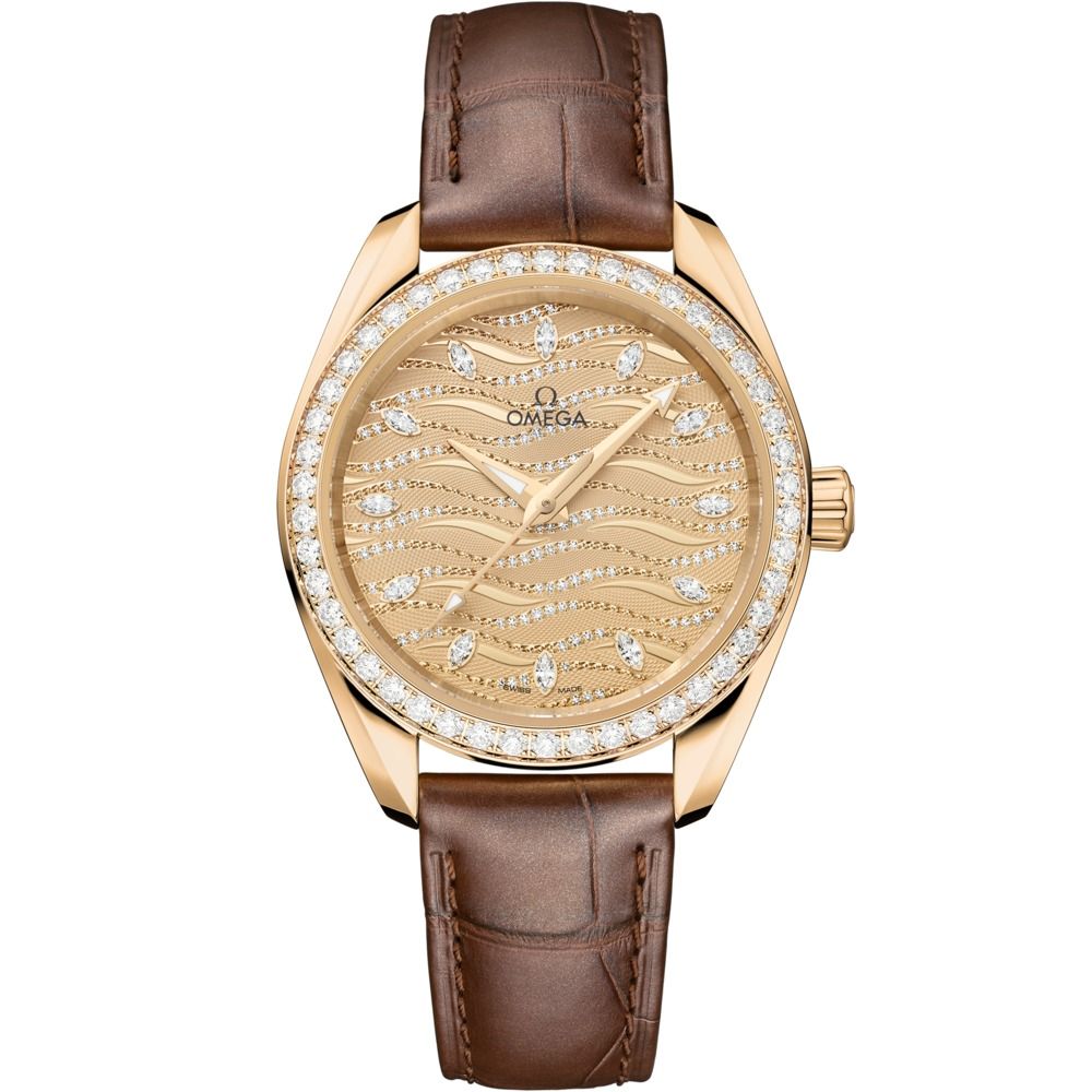 Aqua Terra 34mm with Yellow Diamond Dial and Diamond Bezel in Yellow Gold on Brown Alligator Strap