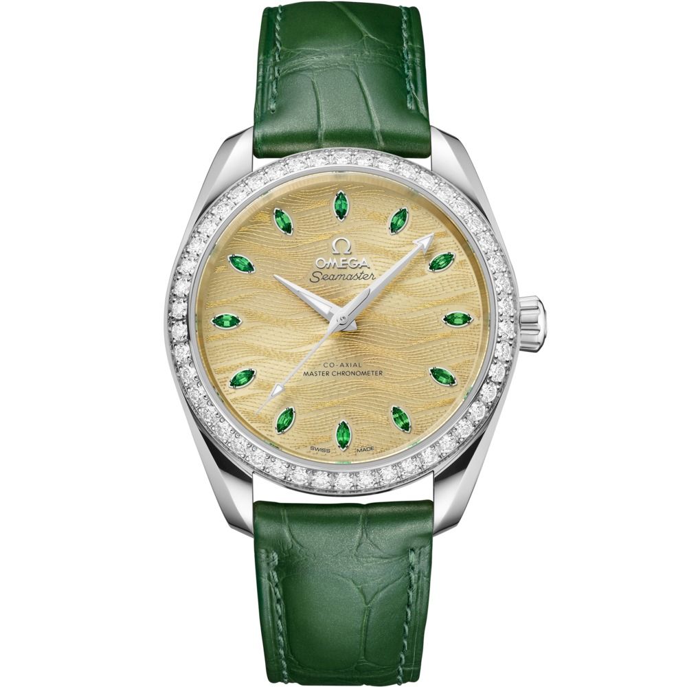 Aqua Terra 38mm with Green Dial and Diamond Bezel in White Gold on Green Alligator Strap