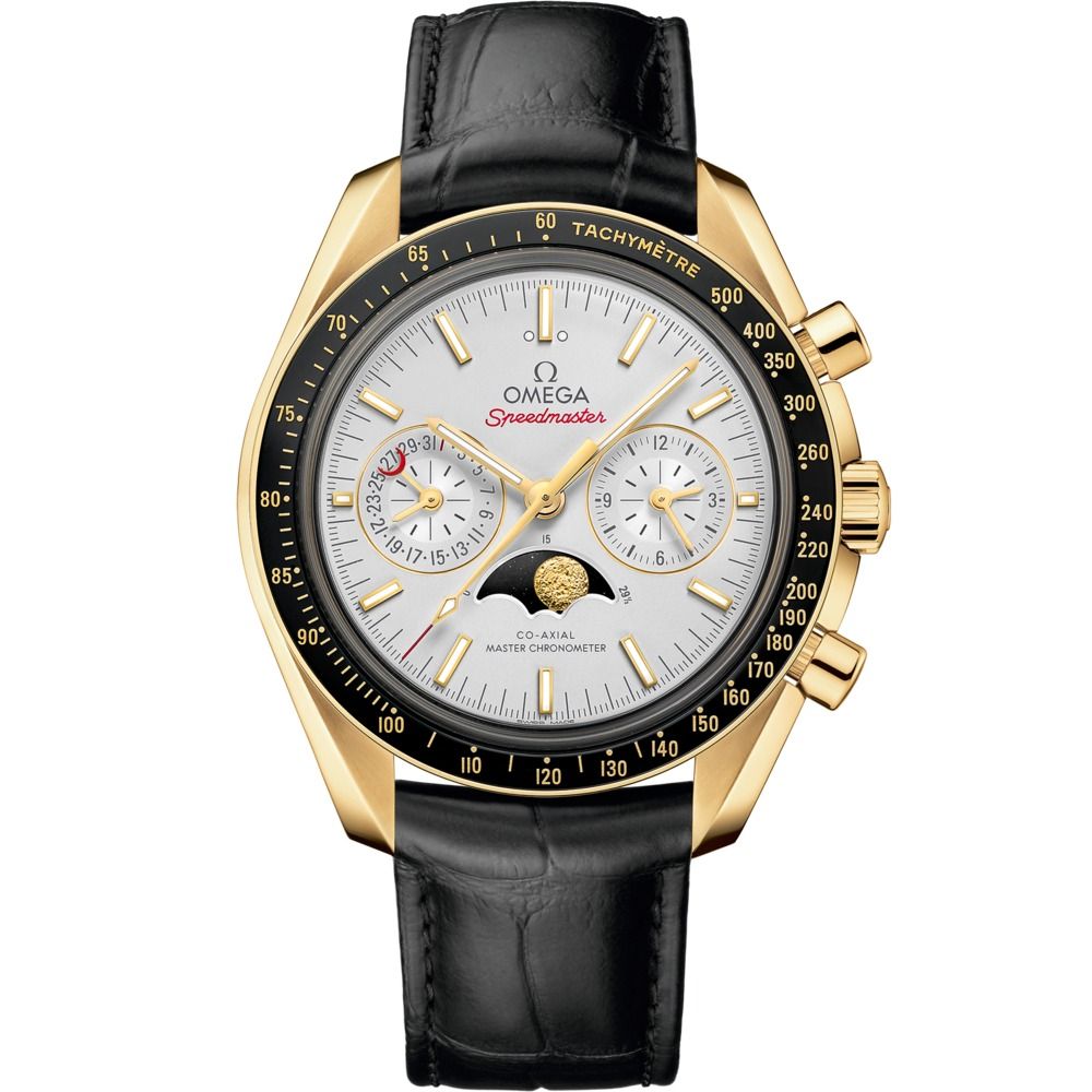 Speedmaster Moonphase 44.25mm with Silver Dial in Yellow Gold on Black Alligator Strap