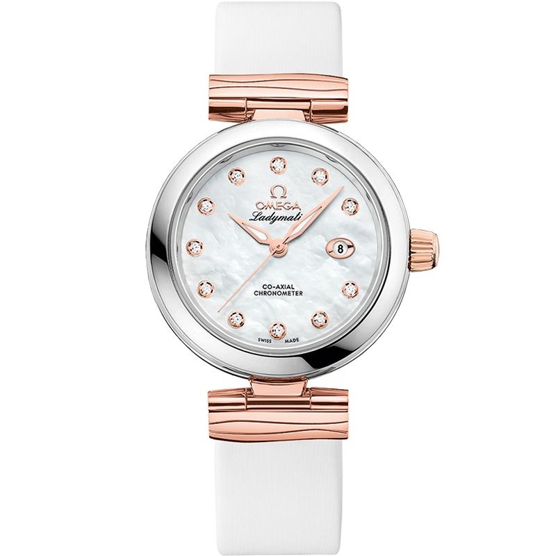 De Ville Ladymatic 34mm with White Diamond Dial in Stainless Steel and Rose Gold on White Leather Strap