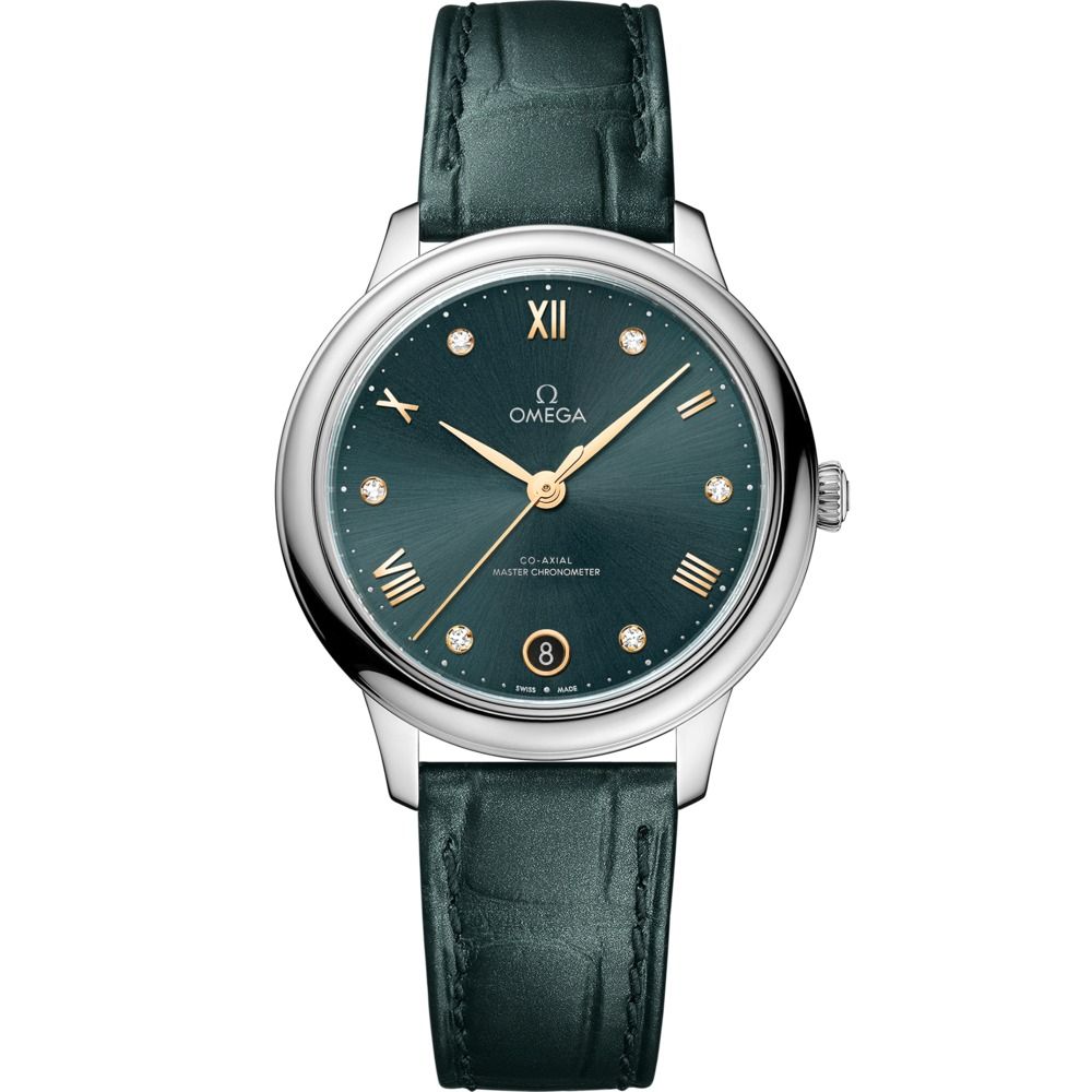 De Ville Prestige 34mm with Green Diamond Dial in Stainless Steel on Green Alligator Strap