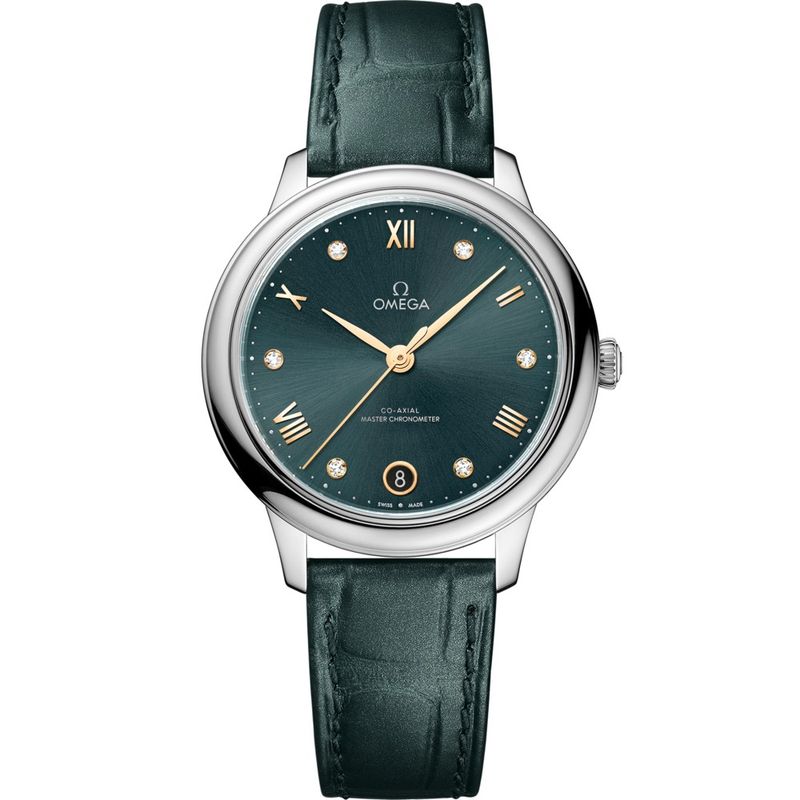 De Ville Prestige 34mm with Green Diamond Dial in Stainless Steel on Green Alligator Strap