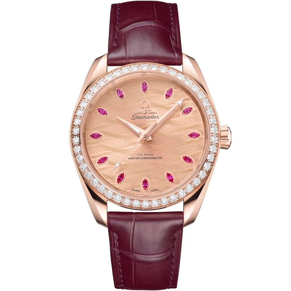 Aqua Terra 38mm with Pink Dial and Diamond Bezel in Rose Gold on Burgundy Alligator Strap