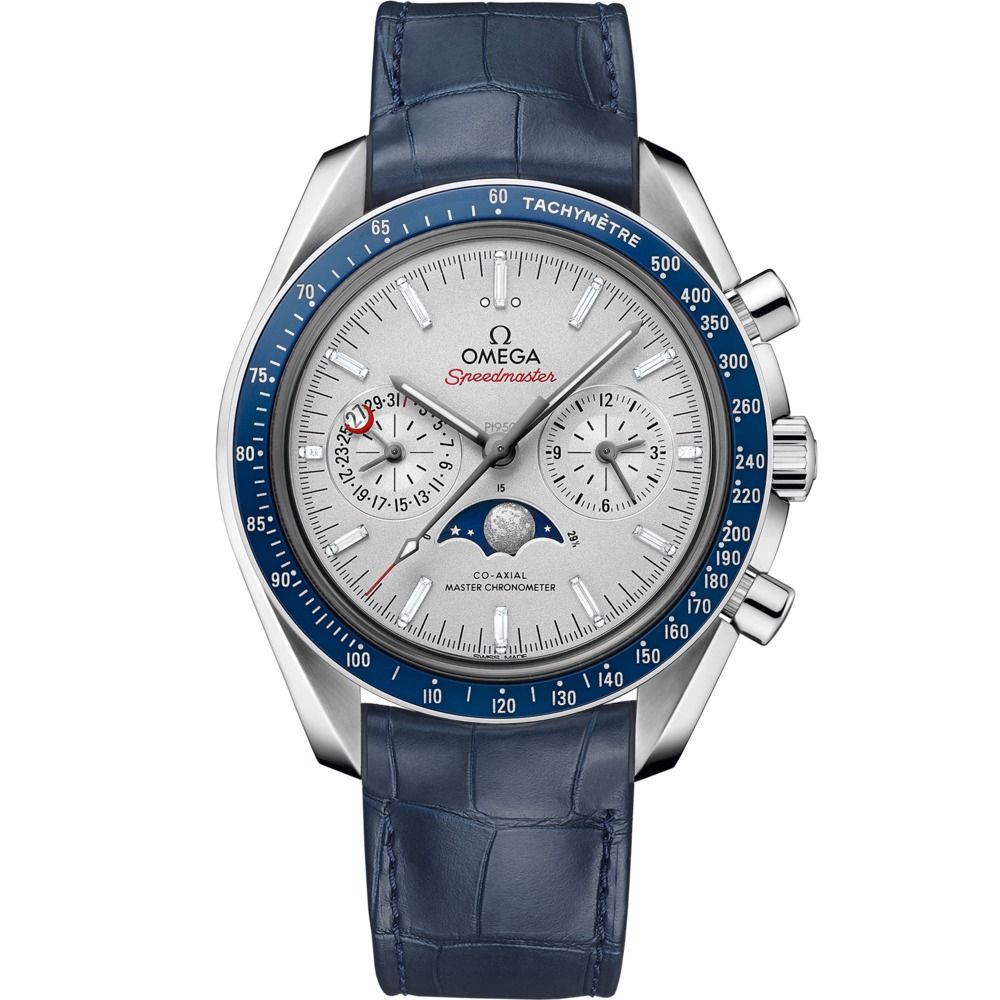 Speedmaster Moonphase 44.25mm with Grey Dial in Platinum on Blue Alligator Strap