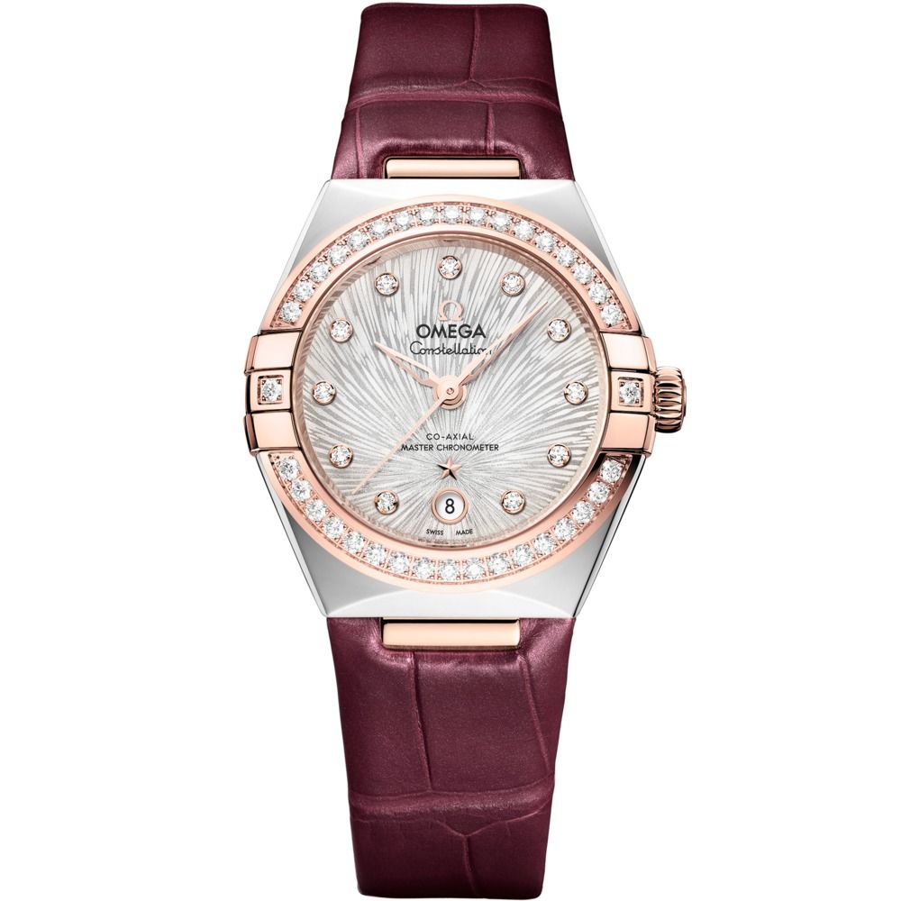 Constellation 29mm with Silver Diamond Dial and Diamond Bezel in Stainless Steel and Rose Gold on Burgundy Alligator Strap
