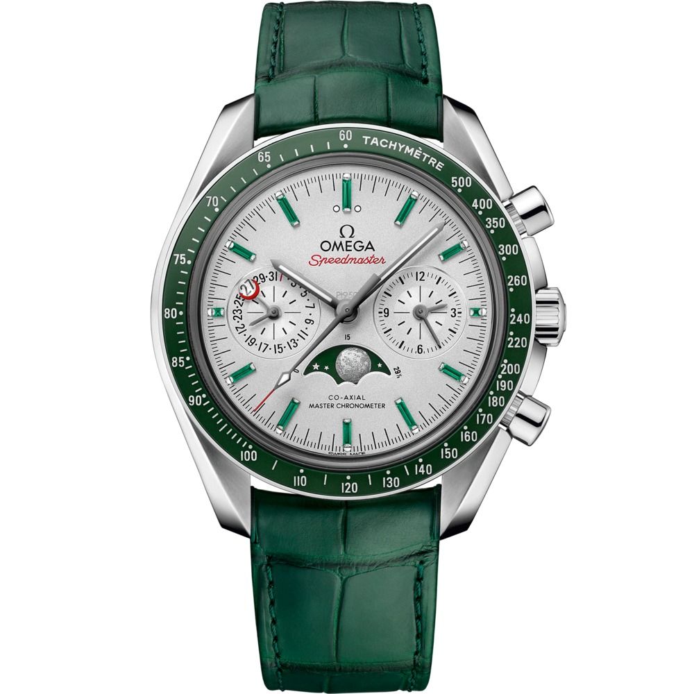 Speedmaster Moonphase 44.25mm with Grey Dial in Platinum on Green Alligator Strap
