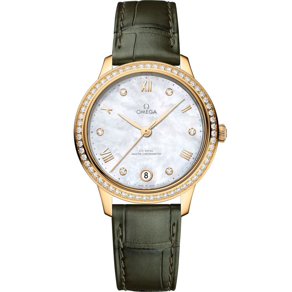 De Ville Prestige 34mm with White Diamond Dial and Diamond Bezel in Yellow Gold on Green Alligator Strap